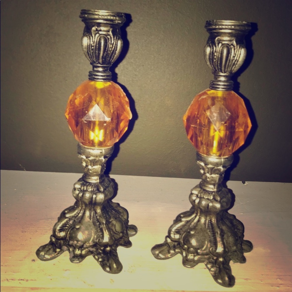 Set of Vintage Silver & Orange Glass Candlesticks
